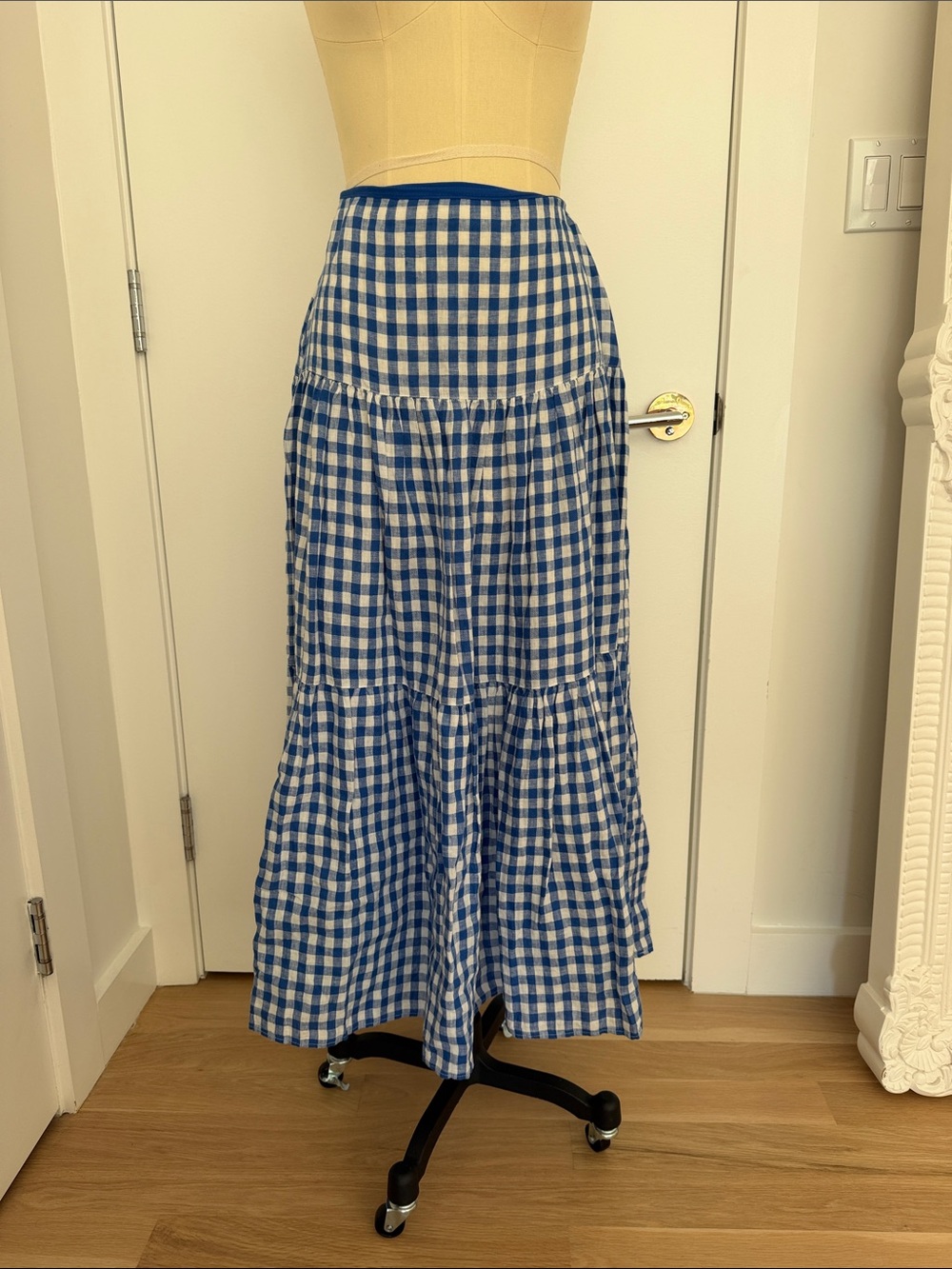 Lauren Ralph Lauren Blue and White Gingham Tiered Maxi Skirt
